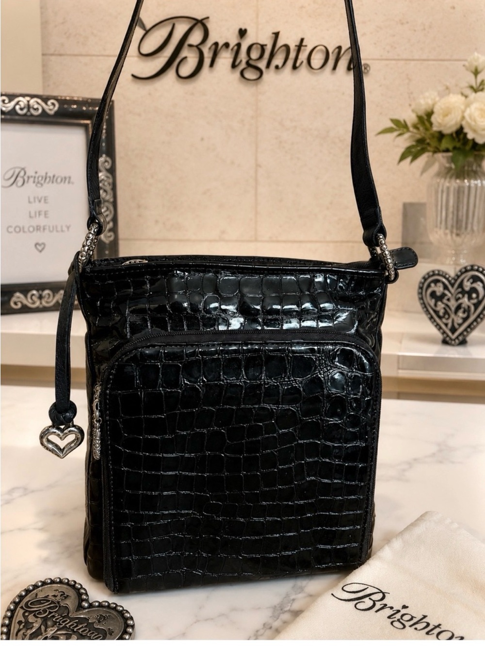 Brighton Black Croc Embossed Crossbody Bag w/ Heart Charms